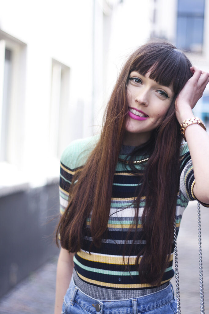 Denim A-line Skirt Adidas Rosegold Toecap 70s ribbed striped top trend fashion blogger outfit