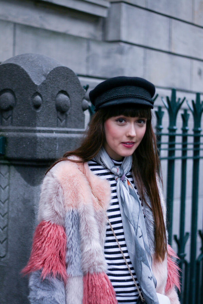 pink-faux-fur-coat-striped-shirt-winter-outfit